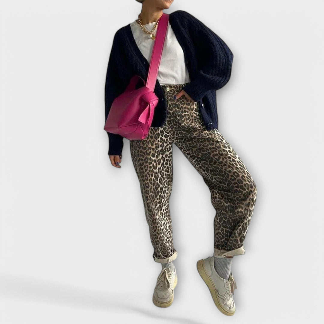 Carina™ - Retro džinsai su leopardų raštu