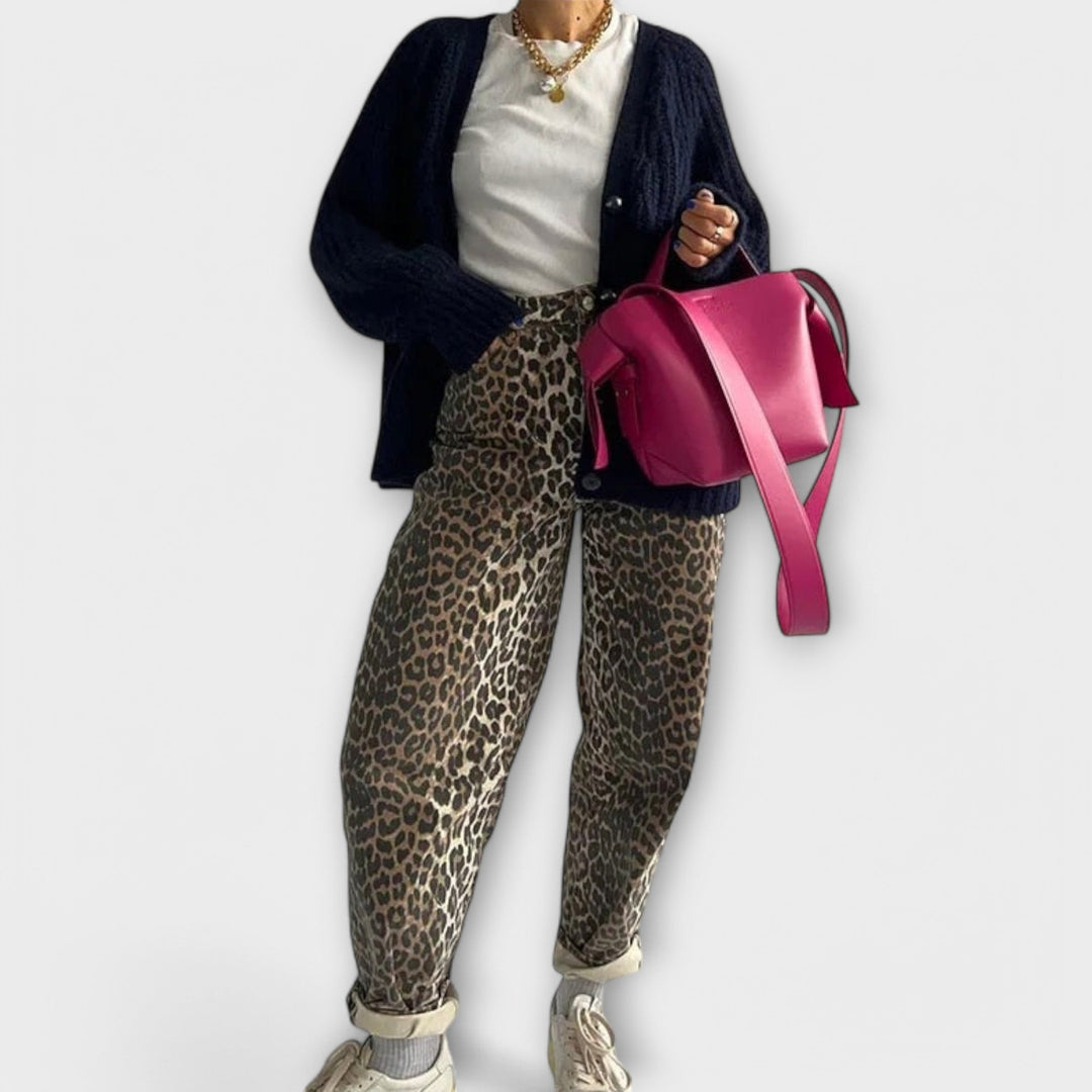 Carina™ - Retro džinsai su leopardų raštu
